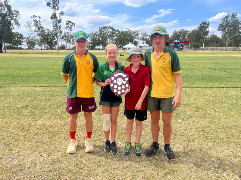 Texas School Leaders holding the 2-Way Meet Shield after their win against Inglewood School (L-R) Brock, Everley, Zane and Matthew.