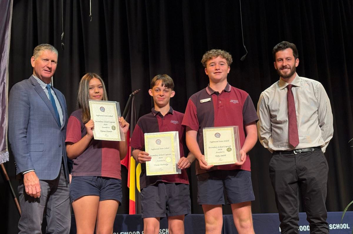 Lawrence Springborg (Mayor) with the 2026 School Captains, Kiewa, Vinnie Partridge, Toby Smith and Principal Liam Callaghan.