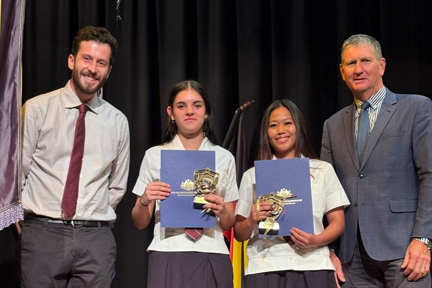 Principal Liam Callaghan with 2025 School Captains - Kaylah McPherson, Yanisa and Lawrence Springborg (Mayor).