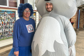 There were costumes galore in a parade, including Principal Mr Liam Callaghan as a giant koala, with playful Penney Hickey as Thing 1.